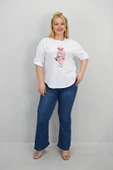 Kadın Büyük Beden Kısa Kollu Taş Detaylı Ayı Baskılı Oversize T-shirt 1926-25 - 8