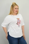 Kadın Büyük Beden Kısa Kollu Taş Detaylı Ayı Baskılı Oversize T-shirt 1926-25 - 12
