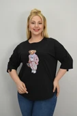 Kadın Büyük Beden Kısa Kollu Taş Detaylı Ayı Baskılı Oversize T-shirt 1926-25 - 4