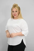 Kadın Büyük Beden Kısa Kollu Taş ve İnci Baskı Detaylı Oversize T-shirt 1925-25 - 10