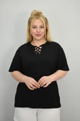 Kadın Büyük Beden Kısa Kollu Yakası Biye Detaylı Bluz 1970-25 - 4