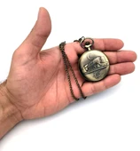 Valkyrie TCDD Nostalji Tren ve Ay Yıldız Kabartmalı Retro Bronz Koleksiyonluk Kutulu Zincirli Köstekli Saat - 2