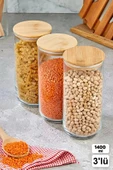 Tilbe Home 3 Adet Vakumlu Bambu Kapaklı Cam Kavanoz 1400ml Baharatlık Bakliyat Gıda Saklama Kabı Organizer - 1