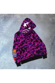 Erkek 2 İplik Bape Kapüşonu Fermuarlı Hırka - Mor - 1
