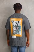 Unisex Baskılı Oversize T-Shirt - Füme - 2