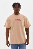 Unisex Baskılı Oversize T-Shirt - Bej - 1