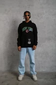 Erkek Baskılı Kapüşonlu Sweatshirt - Siyah - 4