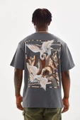 Unisex Baskılı Oversize T-Shirt - Füme - 2