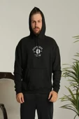 Unisex Kapüşonlu Üç İplik Oversize  Baskılı Sweatshirt - Siyah - 2