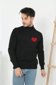 Unisex Yarım Boğazlı Baskılı Dokuma Triko - Siyah - 3