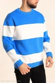 Parçalı Bisiklet Yaka Baskılı SweatShirt - Mavi - 1
