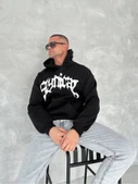 Unisex Üç İplik Kapşonlu Baskılı SweatShirt - Siyah - 3