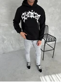Unisex Üç İplik Kapşonlu Baskılı SweatShirt - Siyah - 1