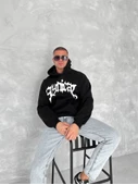 Unisex Üç İplik Kapşonlu Baskılı SweatShirt - Siyah - 2