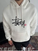 Üç İplik Kapşonlu Baskılı SweatShirt - Beyaz - 1