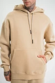 Unisex Double Oversize Kapşonlu Basic SweatShirt - Bej - 1