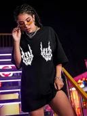 Baskılı Oversize T-shirt - Siyah - 1