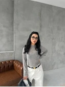 Bisiklet Yaka Uzun Kollu Crop - Gri - 1