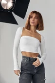 Kara Yaka Uzun Kollu Crop - Beyaz - 2