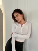 Cıt Cıt Detaylı Uzun Kollu Crop - Beyaz - 1