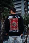 Oversize Bisiklet Yaka Üç İplik Baskılı SweatShirt - Siyah - 1