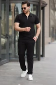 Erkek Yakalı Fermuarlı T-shirt Pantolon Ikili Rahat Takım - 1