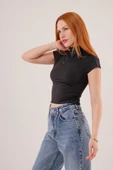 Boğazlı Parlak Kumaş Siyah Crop - 3