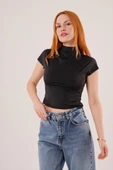 Boğazlı Parlak Kumaş Siyah Crop - 1