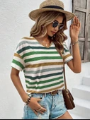 Kadın Kısa Kollu V Yaka çizgili Süprem T-shirt - 1