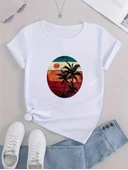 Kadın Kısa Kollu Palmiye Baskılı Viskon T-shirt - 8