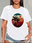 Kadın Kısa Kollu Palmiye Baskılı Viskon T-shirt - 5