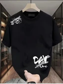 Baskılı Oversize Bisiklet Yaka T-shirt - Siyah - 1