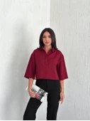 Crop Yakalı Gömlek Üç Çeyrek Sleeve Kol - Bordo - 3