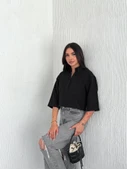 Crop Yakalı Gömlek Üç Çeyrek Sleeve Kol - Siyah - 4
