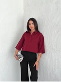 Crop Yakalı Gömlek Üç Çeyrek Sleeve Kol - Bordo - 4