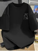 Baskılı Oversize Bisiklet Yaka T-shirt - Siyah - 1