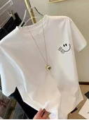 Baskılı Oversize Bisiklet Yaka T-shirt - Beyaz - 2