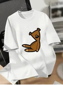 Baskılı Oversize Bisiklet Yaka T-shirt - Beyaz - 1