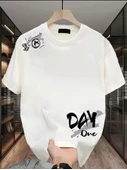 Baskılı Oversize Bisiklet Yaka T-shirt - Beyaz - 1
