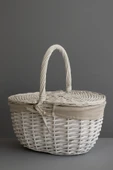 YUNUSOĞLU HOME Beyaz Hasır Piknik Sepeti 40x30x19 cm Kapaklı Termoform Sepet Krem Kumaş Detaylı - 4