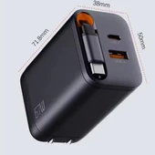 FC23 67W GaN Hızlı Şarj Adaptörü USB-C Kablolu PD Destekli 1xUSB-A 1xUSB-C Girişli Şarj Cihazı - 1