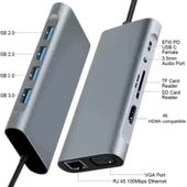 USB-C 11 in 1 Çoklayıcı PD100W Hızlı Şarjlı VGA Ethernet HDMI USB-A SD TF Girişli Adaptör thumbnail 1