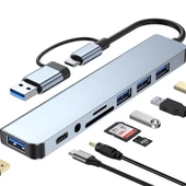 FH27 USB-C Çoklayıcı 3xUSB-A 3.0 3.5mm Ses Girişli USB-C + USB-A Girişli Adaptör - 3
