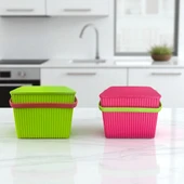 Rainbow 2'li Yeşil Pembe Kare Kova Piknik Sepeti Meyve Kovası - 1