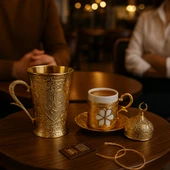 Yonca Altın Renk Porselenli Motifli Fincan ve Zamak Desenli (6.5cmx8.5cm) Bardak Sunum Seti - 1