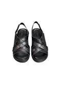Siyah Hakiki Deri Çapraz Bantlı Puf Taban Hafif Comfort Sandalet - 2