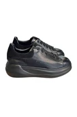 Siyah Hakiki Deri Kalın Taban Bağcıklı Sneaker - 1