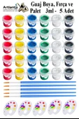 Guaj Boya 3 ml 6 Renk Resim Fırçası ve Paleti 5 Paket Mini Küçük Guaj Boya Etkinlik Boyama Boyası Su Bazlı Resim Okul - 1