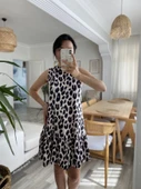 Kadın Kolsuz Sırttan Bağlamalı Fırfırlı Leopar Desenli Süprem Elbise - 6