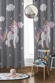 Dijital Baskı Yıkanabilir Unicorn Desenli 2 Kanat Bebek ve Çocuk Odası Fon Perdesi - 1